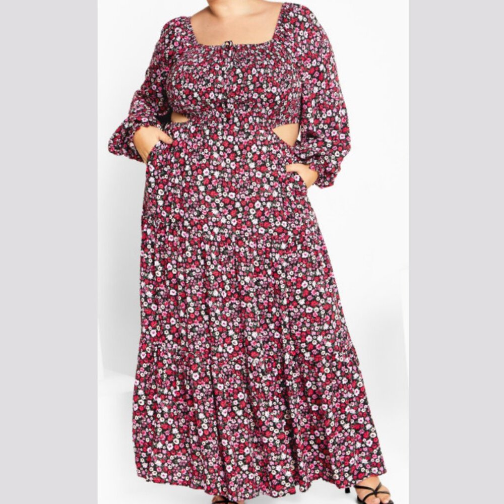 NWT City Chic Floral Smocked Cut-Out Long Sleeve Maxi Dress 18 - Picture 2 of 11